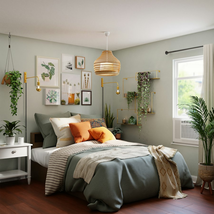 Bedroom furnished with wooden and upholstered furniture