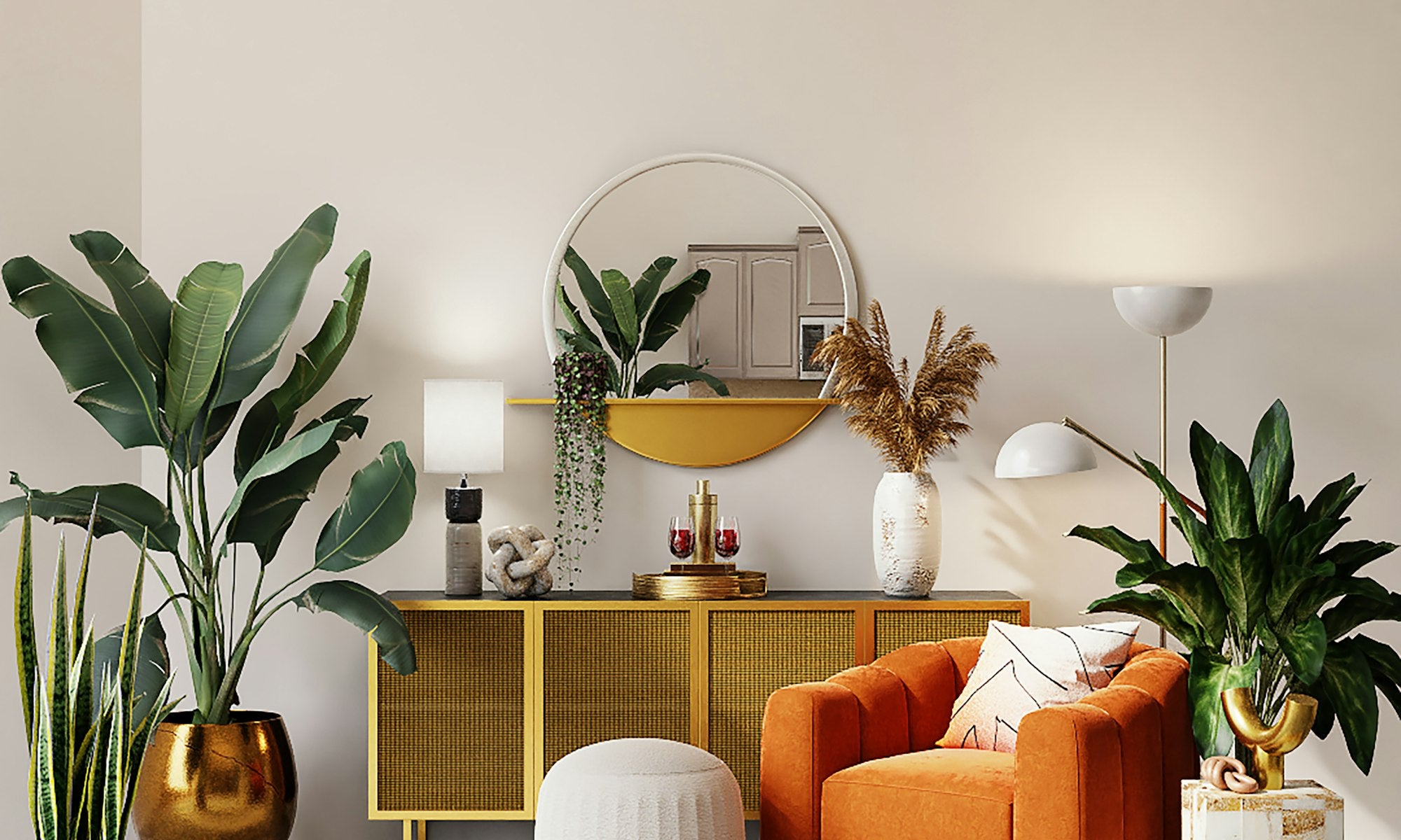 Sunlit living room with an orange armchair, plants and a wooden sideboard